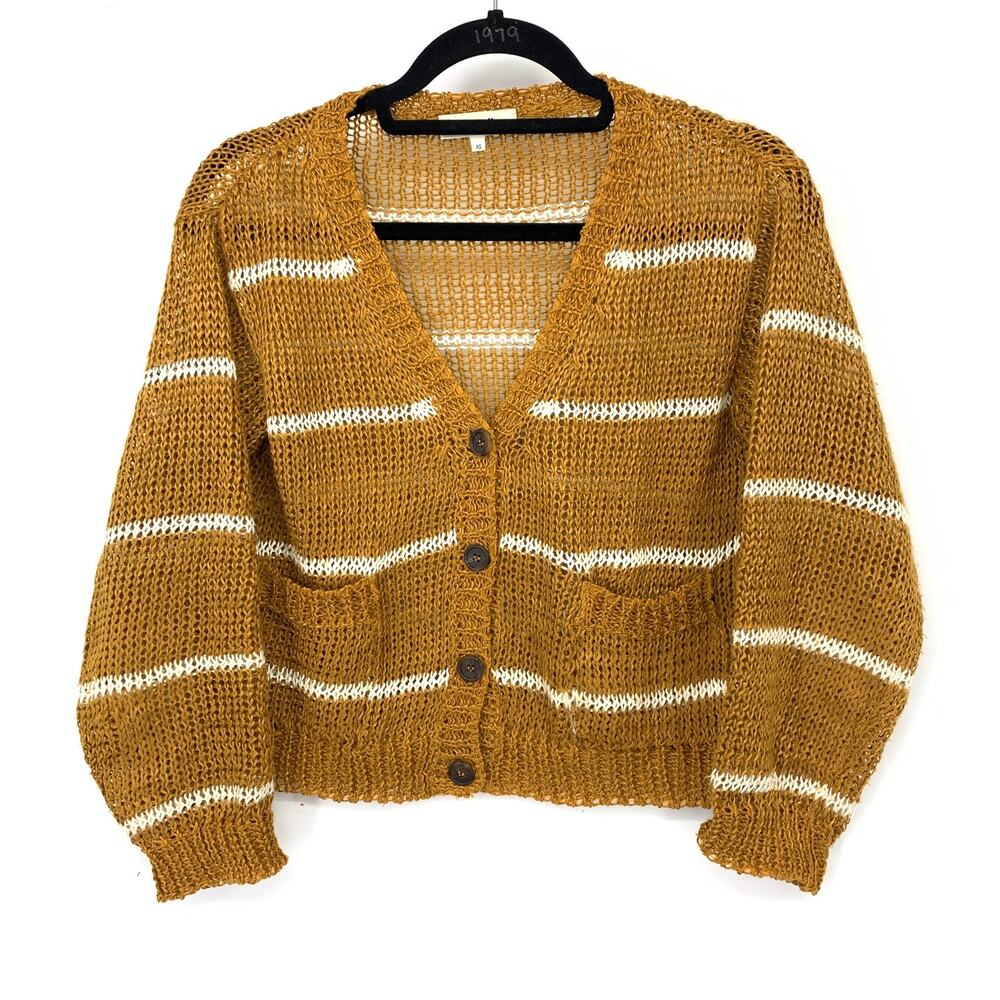 Samuji Striped Open Stitch Crop V-Neck Cardigan Sweater Womens XS Golden Brown
